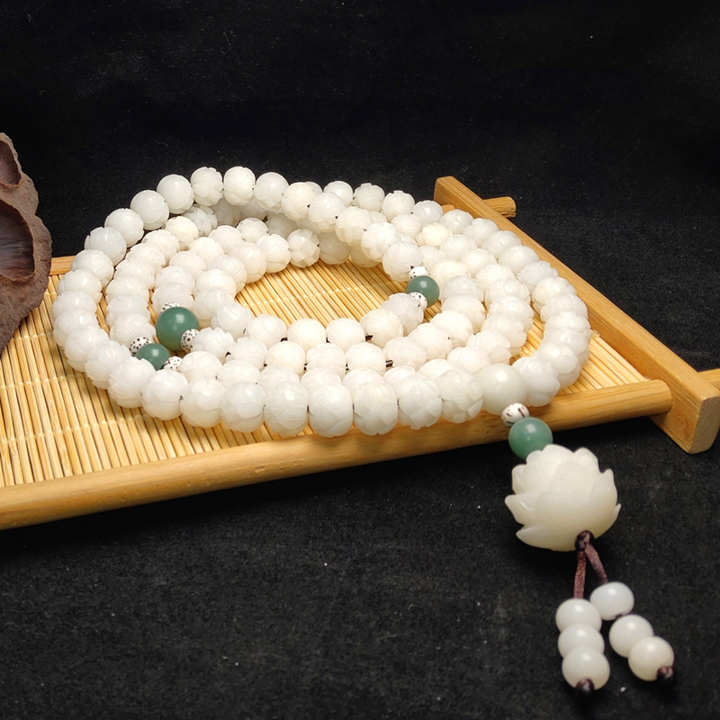 原创白玉菩提莲花108颗手持佛珠