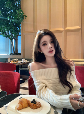 Momoshero【允真Oni】Lux淡颜系~绵羊毛版!一字肩静奢绞花毛手衣