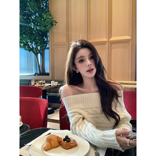 Momoshero【允真Oni】Lux淡颜系~绵羊毛版!一字肩静奢绞花毛手衣