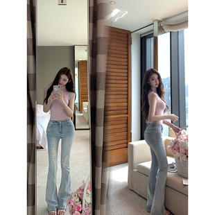 特调破洞微喇牛仔裤 Momoshero Gu韩女腿精感 海盐danim 冰萃