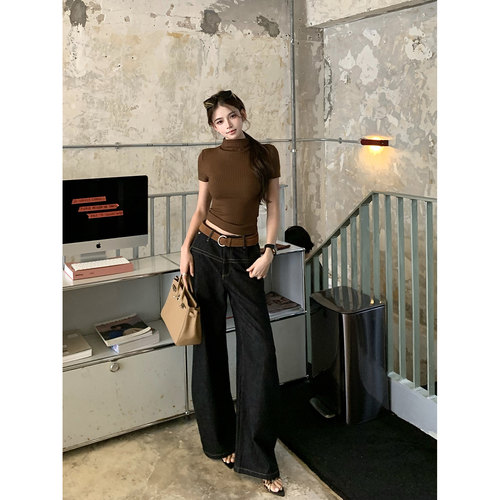 现货【毕业Denim】“vibe买手弯刀裤”明线拼缝廓形弯刀裤/腰带