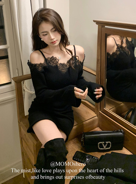 现货momoshero intoyou新桥恋人绣花骨线蕾丝全羊毛针织top/dress