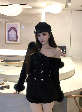 Momoshero【巴黎Herben】vtg斜肩版！高定制纱线狐狸毛粗花呢外套