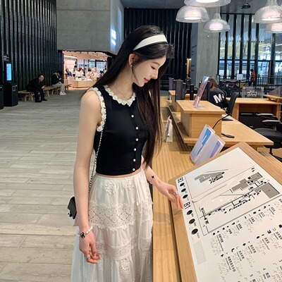 现货【黑白诗笺】慢工细活手工勾花 经典黑白法式浪漫无袖针织top