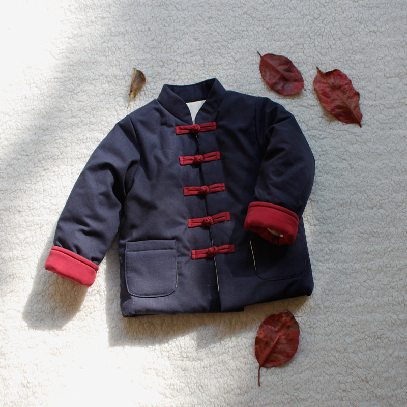 男童唐装棉衣男款中式国风棉服冬季丝棉复古加厚拜年服藏青色新款
