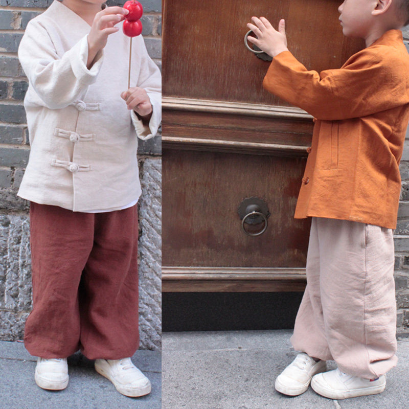 2020新款男童裤子灯笼裤男束脚棉麻裤男宽松休闲裤春秋双层朴素
