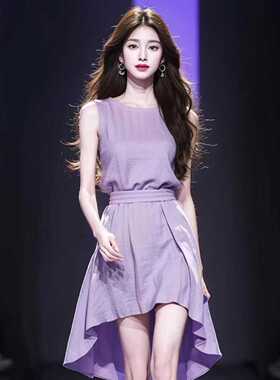 茶系穿搭一整套法式超好看绝美小清新紫色无袖连衣裙子套装女夏季