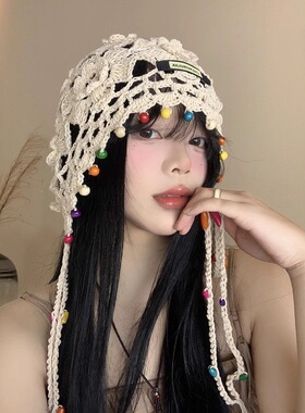 波西米亚花朵流苏镂空针织包头帽