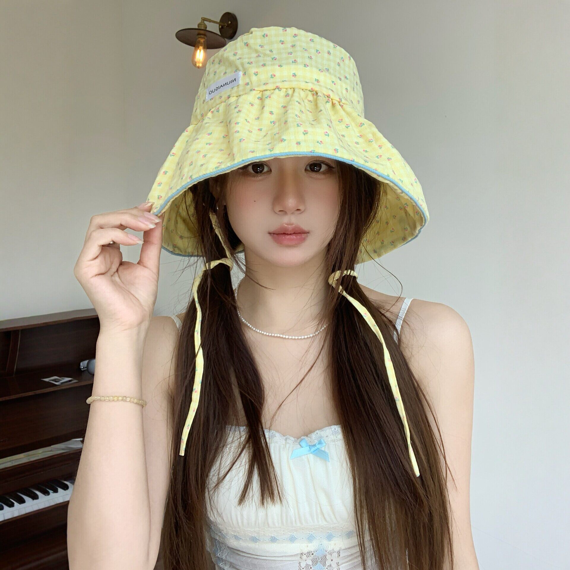 黄色碎花渔夫帽女夏季遮阳防晒大帽子