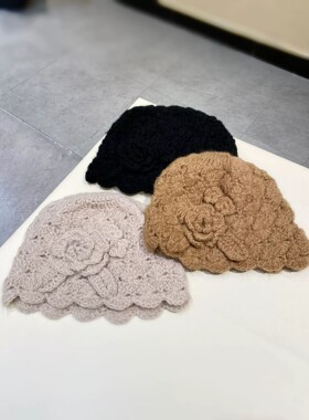 复古手工钩花立体花朵针织帽女秋冬保暖贝雷毛线包头帽显脸小百搭