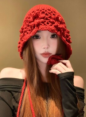 红色手工钩花毛线帽女秋冬保暖护耳流苏包头帽甜美显脸小针织冷帽