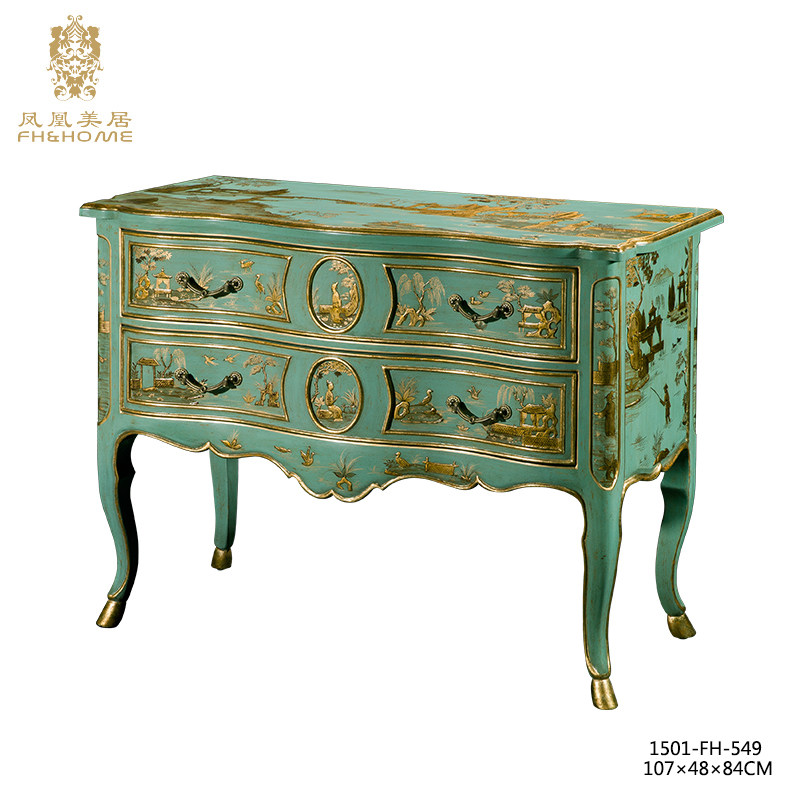凤凰美居精品奢华蓝色手绘描金抽屉柜子客厅玄关工艺品装饰柜