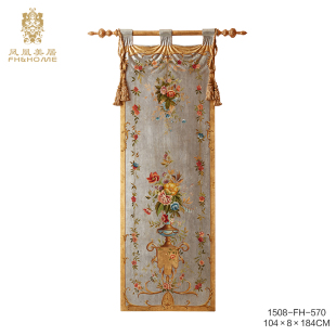 凤凰美居法式奢华高端实木贴金箔手绘金色复古装饰单幅旗帜形挂画
