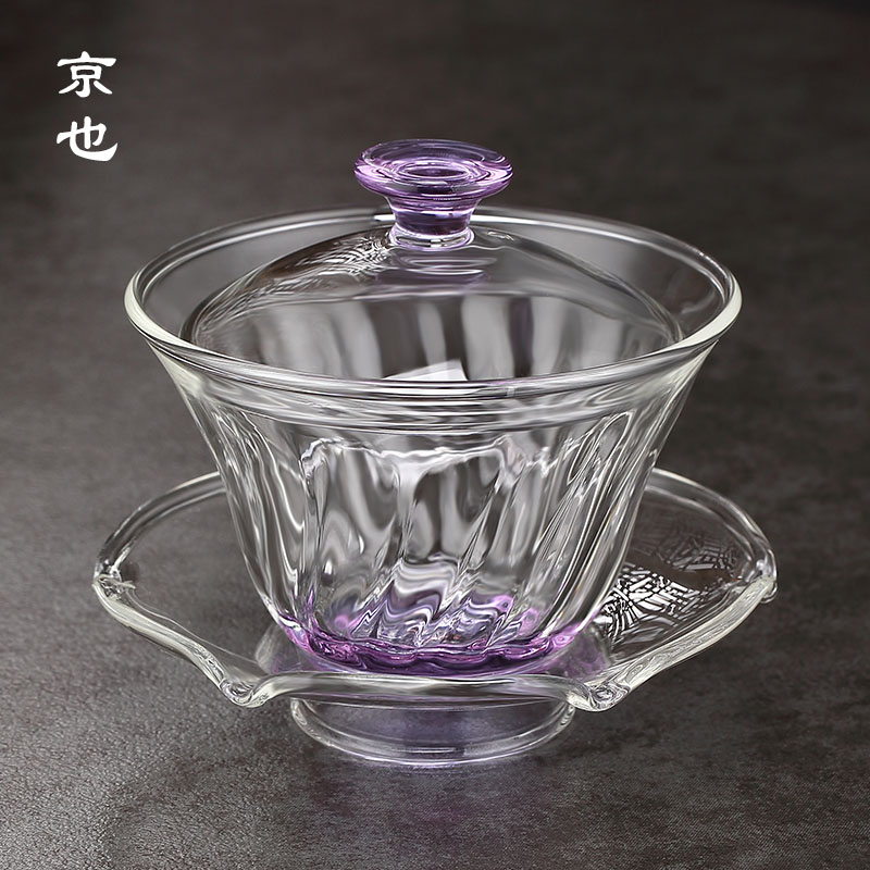 精业加厚高端三彩耐热玻璃盖碗大型家用功夫茶杯单套茶具碗