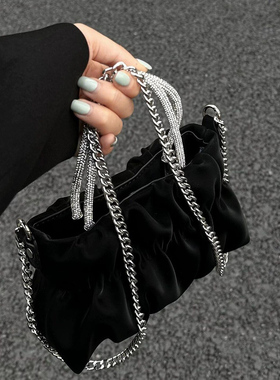 2025新款小众设计水钻手提单肩包包女云朵褶皱高级质感链条斜挎包