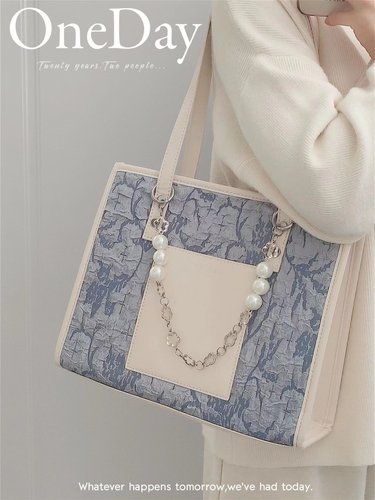 托特包印花蓝色通勤手提单肩包女