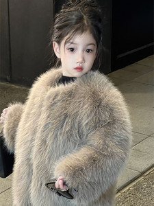 女童冬装2023新款仿狐狸毛宝宝加绒加厚毛毛大衣洋气儿童皮草外套