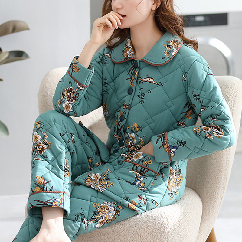 冬季夹棉睡衣加厚家居服套装