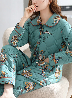 冬季夹棉睡衣加厚家居服套装