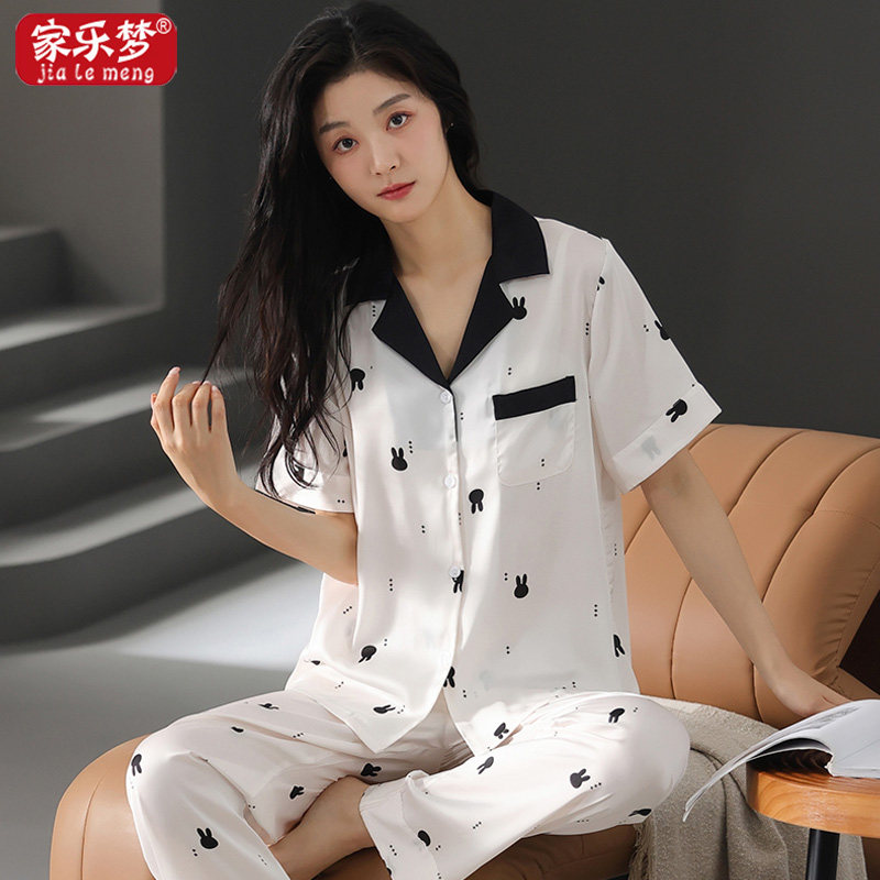 冰丝短袖睡衣女翻领开衫印花套装