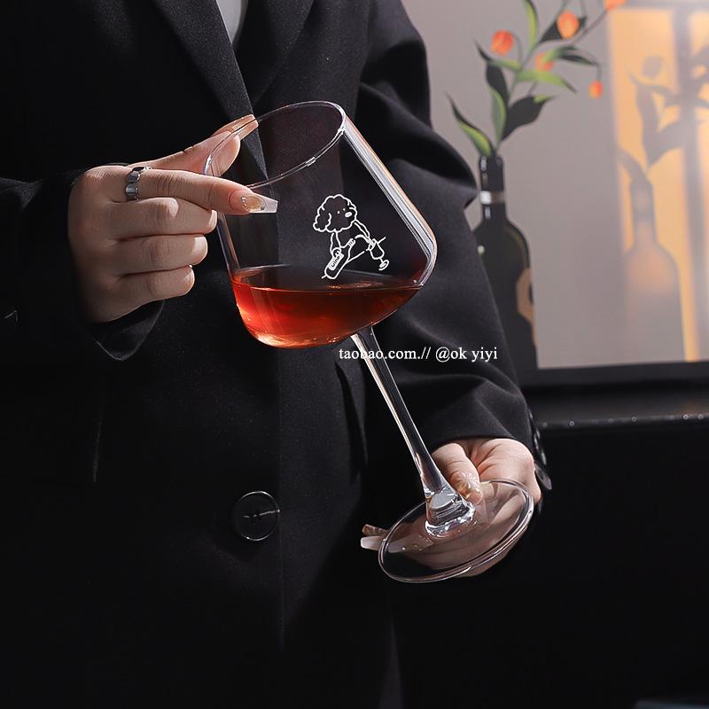 ins可爱小狗倒酒水晶玻璃高脚杯情侣对杯高颜值红酒杯微醺香槟杯