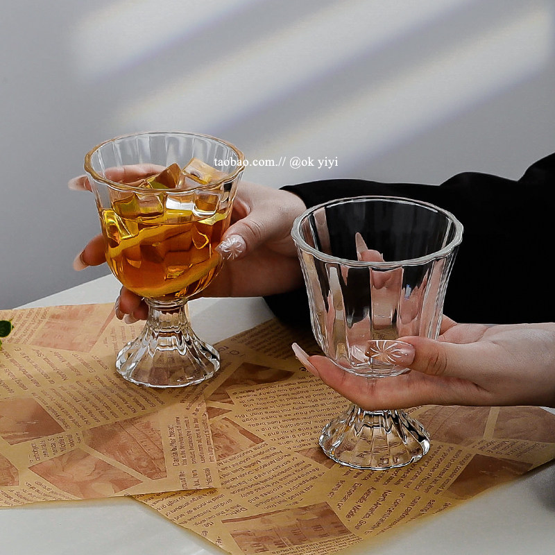 小众中古喇叭花形杯高脚玻璃杯创意果汁冷饮杯咖啡杯鸡尾酒饮品杯