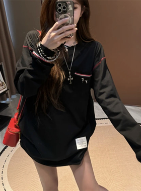 春秋新款潮牌织带狗狗刺绣长袖T恤女ins宽松慵懒打底衫百搭上衣