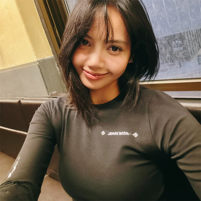 lisa马蹄梵文火焰双臂印花长袖T恤女秋新款纯欲辣妹修身显瘦上衣
