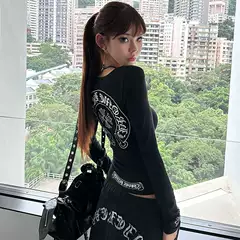 Sanskrit Cross Print Brushed Long-Sleeve T-Shirt for Women, Autumn and Winter Niche Slim-Fit Slimming Base Shirt, Pure Desire Top, Trendy