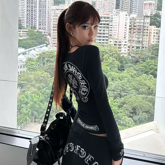 Sanskrit Cross Print Brushed Long-Sleeve T-Shirt for Women, Autumn and Winter Niche Slim-Fit Slimming Base Shirt, Pure Desire Top, Trendy