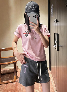 时髦套装女夏季小众宝剑梵文印花短袖T恤+松紧腰短裤热裤两件套潮
