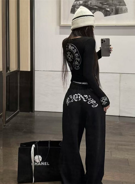 时髦套装女秋冬磨毛梵文印花弹力显瘦上衣高腰显瘦阔腿裤两件套潮