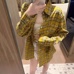 土星彩色重工烫钻黄色格子衬衫女春夏新韩版复古宽松慵懒休闲衬衣