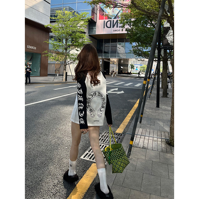 十字架梵文拼色薄款长袖T恤女