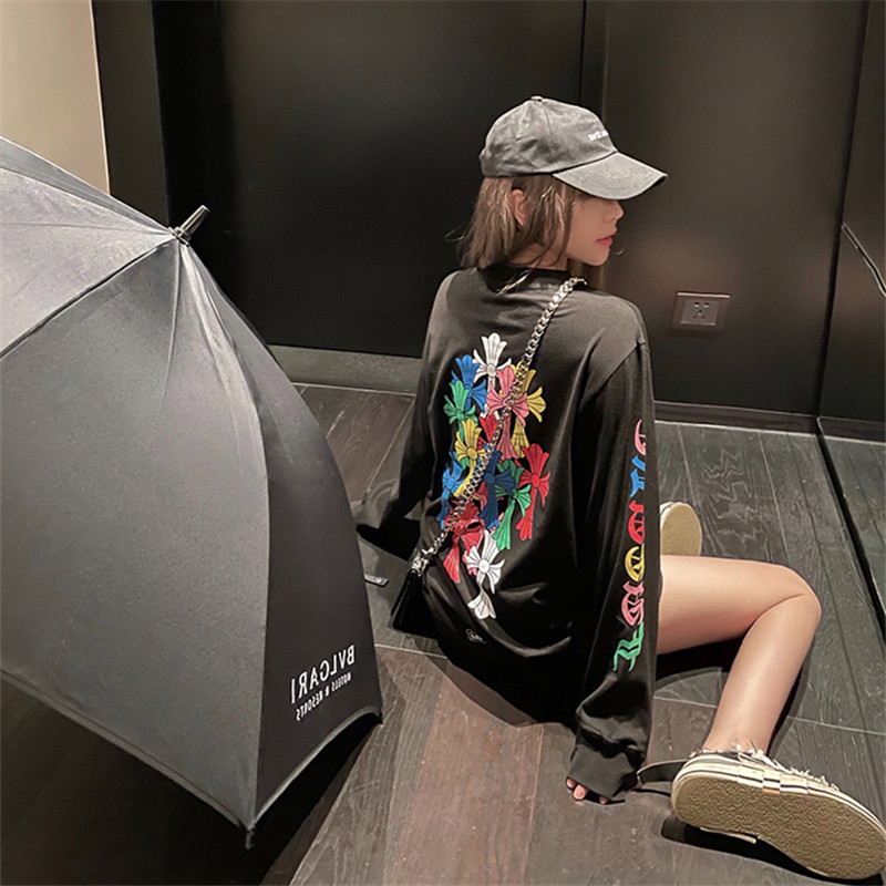 彩色十字架马蹄印花长袖T恤女秋季新款ins超火情侣中长款洋气上衣