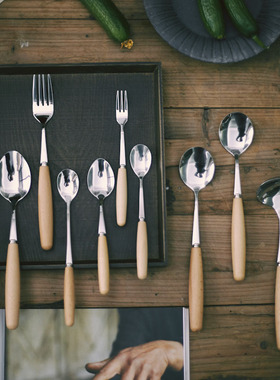 玩物志日式西餐牛排刀叉木质长柄咖啡勺子套装汤勺吃饭勺子 防滑