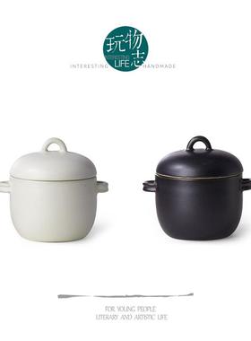 玩物志【朴造系列—双钮汤盅】新中式黑色粗陶隔水炖盅汤碗蒸蛋碗