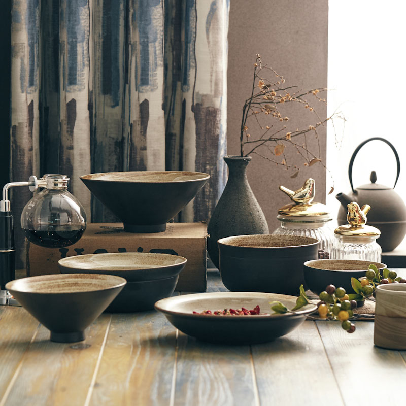 粗陶日本黑色中式风复古餐具套装