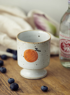 玩物志 日本作家款粗陶高脚杯手绘橘子杯咖啡杯茶杯牛奶杯