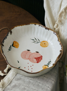 玩物志《石榴和松果》田园风釉下手绘织植物花卉水果盘陶瓷水果篮