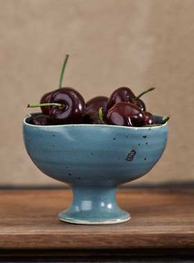 玩物志日式粗陶花口高足碗茶食点心碗小号干果盘冰淇淋碗樱桃碗