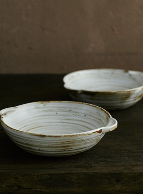 玩物志粗陶双耳碗汤面碗日式汤碗小号复古餐盘ins同款红烧肉碗