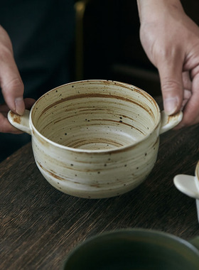 玩物志日式粗陶双耳碗小汤碗水果沙拉碗拌饭碗复古可爱面碗水果碗