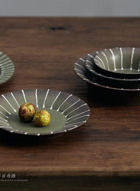 玩物志【夏树.草绿】复古手工碗盘汤碗沙拉碗焗饭碗ins粗陶料理盆