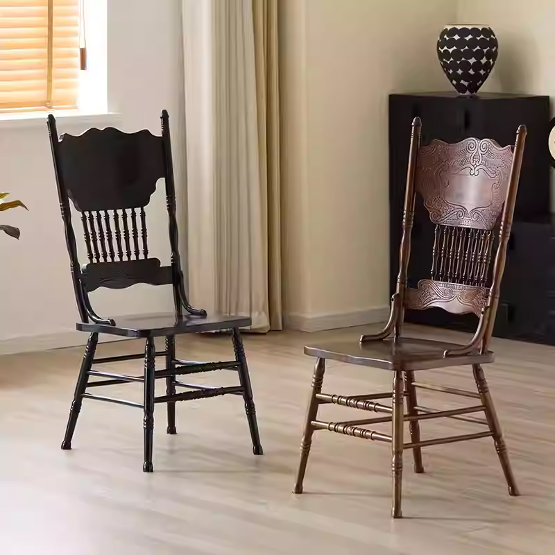 法式中古实木温莎椅雕花餐桌椅子