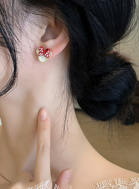 蝴蝶结红色耳钉女可爱米妮甜美耳饰气质2024年新款儿童无耳洞耳夹