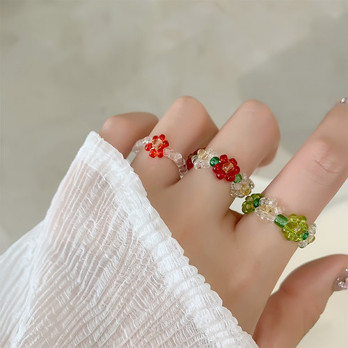 小清新花朵戒指彩色串珠指环甜美