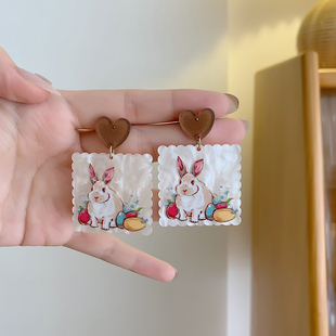 卡通趣味甜美爱心兔子耳钉油画森系少女心ins风耳环无耳洞女耳夹
