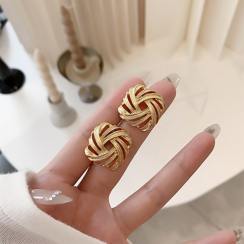 超重工！高级感复古金色编织耳钉