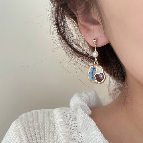 油画复古港风耳环法式撞色耳钉